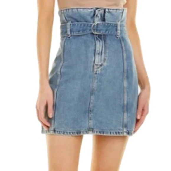 IRO Melay Denim Mini Skirt in Medium Blue Belted Paperbag Waist US Size 6 EU 38 - Picture 1 of 13